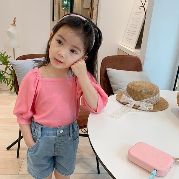 girls-short-sleeved-bubble-sleeved-t-shirts-2023-summer-t-shirt-trend-of-pure-cotton-lantern-sleeves-for-children-with-square-collars