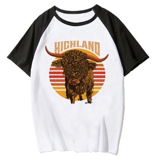 Highland เสื้อยืดลําลอง แขนสั้น พิมพ์ลายกราฟฟิค รูปวัว สไตล์ฮาราจูกุ สําหรับสตรี Y2K 2000s