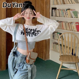 Du Yan เสื้อยืดแขนยาว บาง ป้องกันแดด ทรงหลวม พิมพ์ลายกราฟฟิติ สีขาว สําหรับผู้หญิง