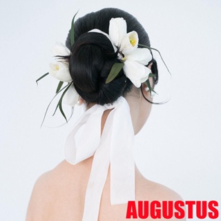 Augustus เจ้าสาว งานแต่งงาน ที่คาดผม Elegnat สําหรับเด็กผู้หญิง ดอกไม้ ถัก ยางรัดผม ทิวลิป ริบบิ้น เกาหลี ที่คาดผม