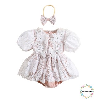 Babyclothes- ชุดบอดี้สูท แขนสั้น คอกลม แต่งลูกไม้ แต่งโบว์ ที่คาดผม ฤดูร้อน สําหรับเด็กผู้หญิงแรกเกิด