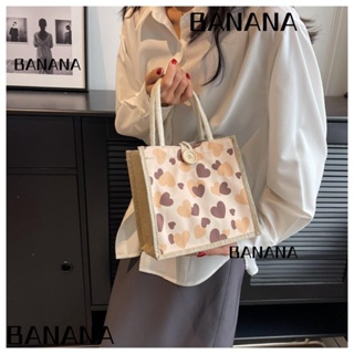 Banana1 กระเป๋าถือ กระเป๋าใส่กล่องอาหารกลางวัน ผ้าลินิน รูปหัวใจ มีซิป สะดวก สําหรับใส่อาหาร กลางแจ้ง