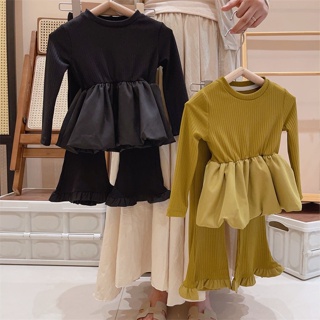Girls suit 2023 new autumn clothes childrens network celebrity fashionable round-neck blouse leisure bell-bottoms baby two-piece set