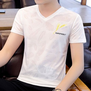 เสื้อยืดคอวี แบบบาง เข้ารูป แบบแห้งเร็ว แบบเรียบ แฟชั่นสําหรับผู้ชาย