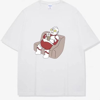 Unisex เสื้อยืดแขนสั้นผู้ชายอุลตร้าแมนการ์ตูนแสนสนุกผ้าฝ้ายแท้ขนาดใหญ่หลวมสบายๆฤดูร้อนครึ่งแขน เสื้อคู่