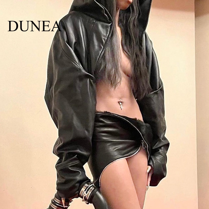 dunea-เสื้อแจ็กเก็ตหนัง-แขนยาว-มีฮู้ด-เซ็กซี่-สําหรับผู้หญิง