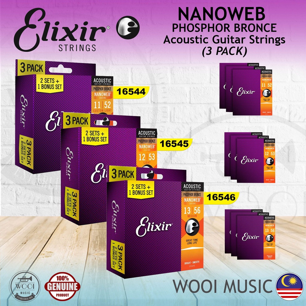 Elixir สายกีตาร์อะคูสติก 11-52 12-53 13-56 ขนาดกลาง สีบรอนซ์ 3 แพ็ค ...