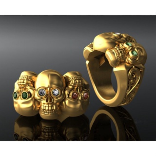 ใหม่ แหวนแฟชั่น รูปหัวกะโหลกสามหัว สีทอง คละสี เครื่องประดับ สําหรับผู้ชาย ของขวัญ ปาร์ตี้