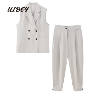 Uibey เสื้อโค้ท คอปก แขนกุด + กางเกง แฟชั่น 3908
