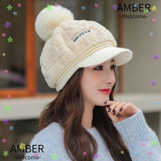 Amber หมวกลิ้นเป็ด ขนเฟอร์เทียม หนา อบอุ่น ของขวัญ สีพื้น ขนปุย นุ่ม ฤดูหนาว หมวกผู้หญิง