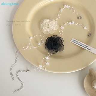 Abongsea สร้อยคอโชคเกอร์ ประดับไข่มุก ดอกคามิเลีย สีดํา สีขาว เหมาะกับฤดูร้อน สําหรับผู้หญิง