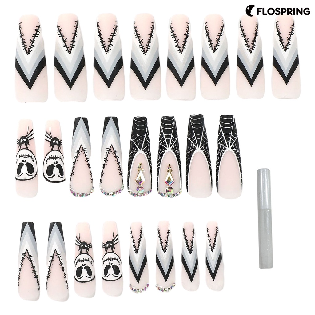 flospring-เล็บปลอม-พิมพ์ลายหัวกะโหลก-ประดับเพชรเทียม-diy-1-ชุด