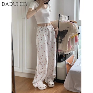 DaDuHey🎈 Korean Style New Womens High Waist White with Printed Pattern Slim Wide Leg Casual Fashion Ins High Street Cargo Pants