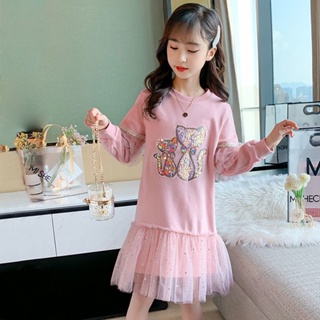 Girls Spring and Autumn dress 2023 New Korean version of the little girls style long sleeves sweet spliced net princess skirt trend