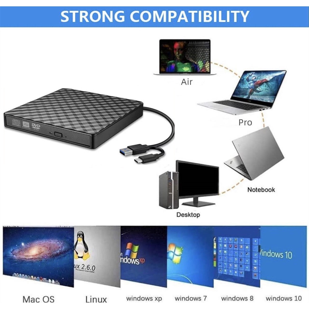 USB 3.0 External CD/DVD ROM Player Optical Drive DVD RW Burner Reader ...