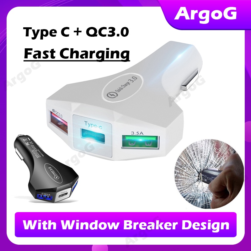 argog-อุปกรณ์ชาร์จรถยนต์-type-c-35w-ชาร์จเร็ว-ชาร์จรถยนต์-usb-พร้อมดีไซน์อุปกรณ์ทำลายกระจกหน้า-สำหรับรถยนต์-12-24v