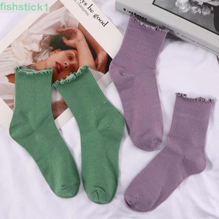 Fishstick1 ถุงเท้าผ้าฝ้าย สีพื้น สไตล์ฮาราจูกุ สําหรับผู้หญิง