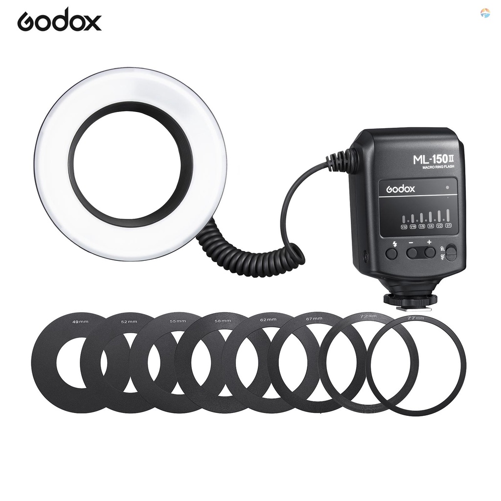 fsth-godox-ml-150ii-universal-macro-ring-flash-light-11-levels-adjustable-brightness-gn12-fast-recycle-with-8pcs-adapter-rings-replacement-for-canon-dslr-camera