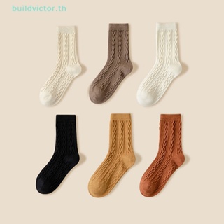 Buildvictor ถุงเท้ายาว ผ้าขนสัตว์ แบบหนา ให้ความอบอุ่น สีพื้น แฟชั่นฤดูใบไม้ร่วง และฤดูหนาว สไตล์ญี่ปุ่น สําหรับผู้หญิง