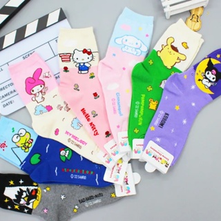 SANRIO ใหม่ ถุงเท้า ลายการ์ตูน Hello Kitty Kuromi Cinnamoroll น่ารัก ให้ความอบอุ่น สไตล์เกาหลี สําหรับเด็กผู้หญิง นักเรียน