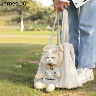 Ahmed กระเป๋าถือ กระเป๋าสะพายไหล่ ผ้าแคนวาส ลายการ์ตูนหมี สีเทา ระบายอากาศ พับได้ สําหรับสัตว์เลี้ยง สุนัข แมว เดินทาง