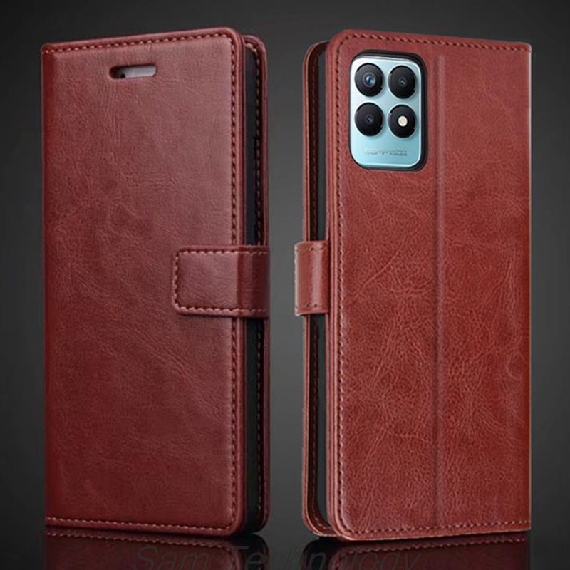 เคสหนังวัวแท้ ฝาพับ พร้อมช่องใส่บัตร ขาตั้ง สไตล์วินเทจ สําหรับ Realme ...