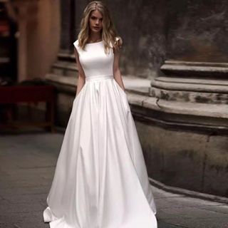 ชุดเดรสยาว แขนกุด ผ้าซาติน เหมาะกับงานแต่งงาน แฟชั่นเรียบง่าย สไตล์ใหม่ สําหรับเจ้าสาว มีสีขาว