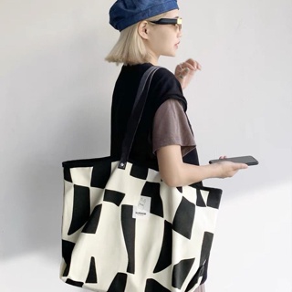 Nobag original niche Checker Geometry large capacity canvas bag female one shoulder Korean version leisure student Todd