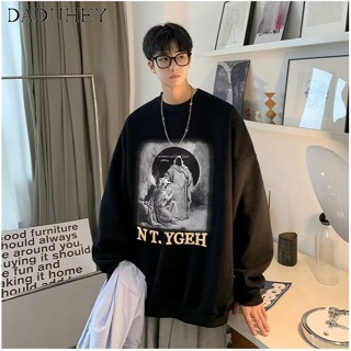 DaDuHey🔥 Mens 2023 Spring and Autumn Fashion Loose Spider Print round Neck Long Sleeve Top Hong Kong Style Vintage Fashion Brand Thin All-Matching Sweater