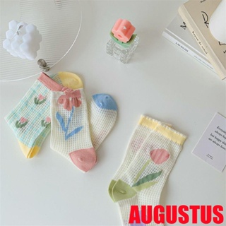 Augustus ถุงเท้าผ้าฝ้าย ผ้าไหมแก้ว ลายดอกไม้ ดอกทิวลิปน่ารัก หลากสี สไตล์เกาหลี ญี่ปุ่น สําหรับผู้หญิง