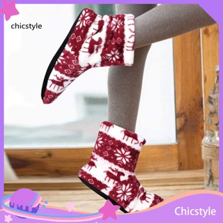Chicstyle รองเท้าบูทยาง ผ้าฟลีซ แบบหนา กันลื่น พิมพ์ลายกวาง เกล็ดหิมะ ให้ความอบอุ่น สําหรับใส่ในบ้าน คริสต์มาส 1 คู่