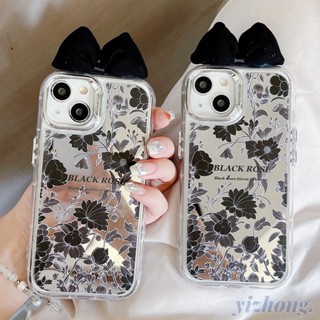 เคสโทรศัพท์มือถือ TPU นิ่ม กันกระแทก กันรอยขีดข่วน ลายดอกกุหลาบ สีดํา ประดับโบว์ สําหรับ iPhone 11 14 Pro Max 12 13