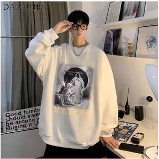 DaDuHey🔥 Mens Hong Kong Style Vintage Fashion Brand Thin All-Matching Long Sleeve Top 2023 Spring and Autumn Fashion Loose Print round Neck Sweater