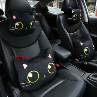 Alisond1 หมอนรองคอในรถยนต์ หมอนรองคอ อุปกรณ์เสริมในรถยนต์ แมวดํา น่ารัก ฝาครอบกระจกมองหลัง การ์ตูน รองรับพนักพิงศีรษะแมว