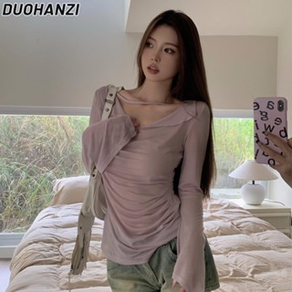 Duohanzi เสื้อยืดแขนยาว เปิดไหล่ ทรงสลิมฟิต ป้องกันแดด