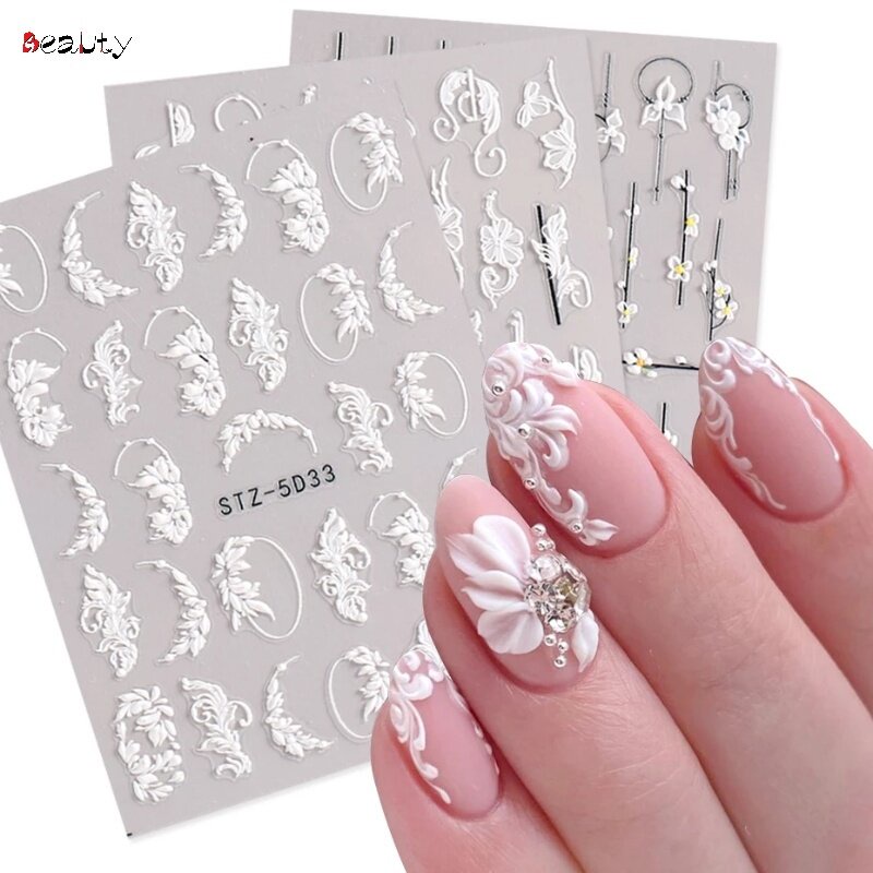 1Sheet White Flowers Nail Stickers 5D Decal Engraved Embossed Floral