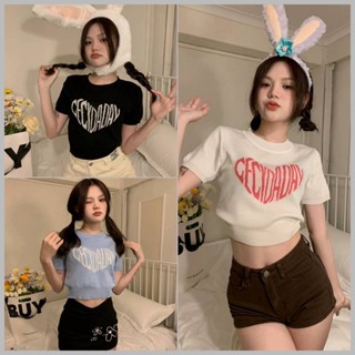 💖พร้อมส่ง💖เสื้อครอปไหมพรมแขนสั้น ทอลายอักกฤษรูปหัวใจ น่ารักคิ้วๆ สไตล์เกาหลี