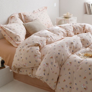 4 IN 1 ชุดเครื่องนอน ผ้าปูที่นอน ผ้าฝ้ายแท้ สองชั้น พิมพ์ลายดอกไม้ สีชมพู สําหรับเตียงควีนไซซ์ คิงไซซ์