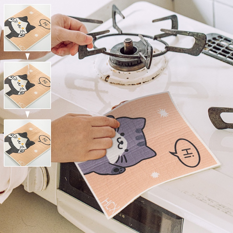ผ้าเช็ดจาน-ผ้าขนหนู-ลายการ์ตูนแมวน่ารัก-ของใช้ในครัวเรือน