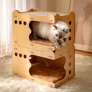 PP Cat Scratcher Hideout Scratch House สองชั้น Stackable สวมใส่ Cardboard พร้อม 2 Pads