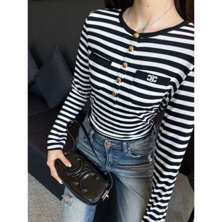 9BUZ CEL 23 autumn and winter New letter embroidery logo decoration classic black and white striped sweater for women exquisite and elegant
