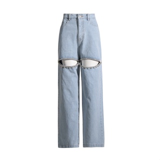 [Personalized Street] 2023 Autumn New wide leg jeans womens high waist womens pants with diamond beaded design sense niche hollow straight pants quality assurance I343