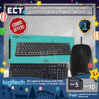 Logitech K120+B100 คีย์บอร์ด แบบใช้สาย USB และเมาส์คอมโบ USB