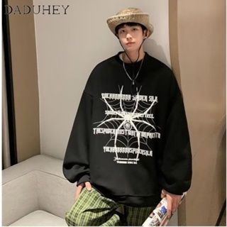 DaDuHey🔥 Mens American Style Fashion Loose Spider Print round Neck Long Sleeve Top  2023 Fashion Brand Thin All-Matching Sweater