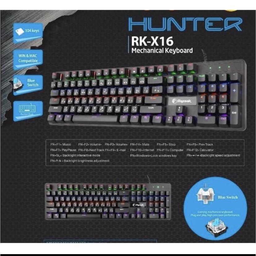 Keyboard razeak rk-x16 เกมมิ่ง mechanical blueswitch มีสาย | Shopee ...