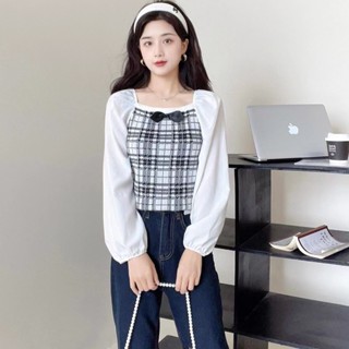 25495 เสื้อแขนยาว ผ้าชีฟองถัก ลายสก๊อต สองชิ้น สําหรับผู้หญิง