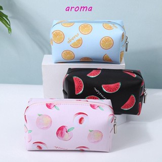 Aroma กระเป๋าเครื่องสําอาง กระเป๋าสตางค์ หนัง PU ลายการ์ตูนผลไม้ แตงโม ลิปสติก มีซิป สีส้ม สไตล์เกาหลี สําหรับผู้หญิง