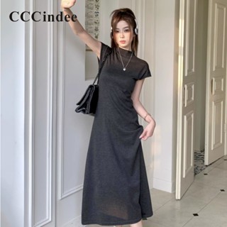 Cccindee ชุดเดรสยาว แขนสั้น ลําลอง เข้ารูป สีพื้น แฟชั่นใหม่ สําหรับสตรี 2023