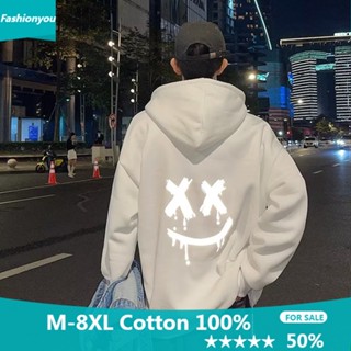 【ไซซ์ M-8xl】เสื้อแจ็กเก็ตกันหนาว แขนยาว มีฮู้ด ผ้าฝ้าย ผ้ากํามะหยี่ พิมพ์ลายหน้ายิ้ม แบบสวมหัว แบบหนา สะท้อนแสง โอเวอร์ไซซ์ แฟชั่นคู่รัก สําหรับผู้ชาย และผู้หญิง