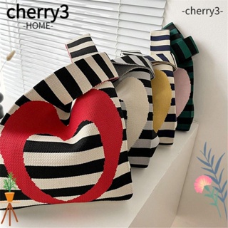 Cherry3 กระเป๋าถือลําลอง ผ้าถัก ลายทาง ทรงโท้ท